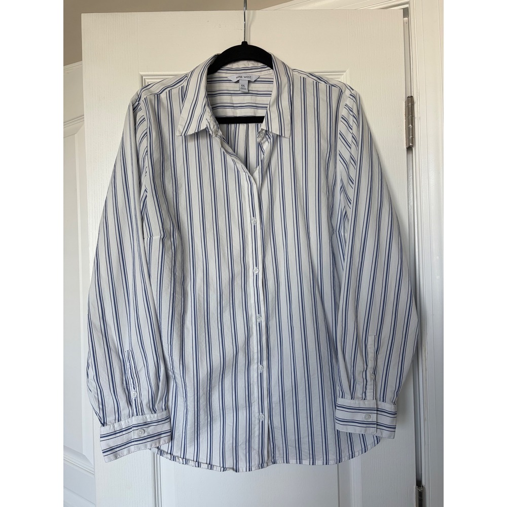 Nine West Women XXL Blue White Striped Button Down Shirt Long Sleeve Cotton Blen